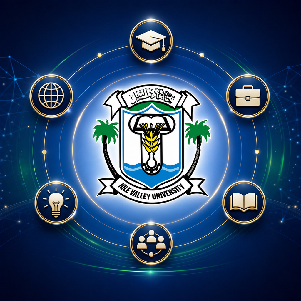 شعار جامعة وادي النيل محاط برموز الخريجين والفرص المهنية